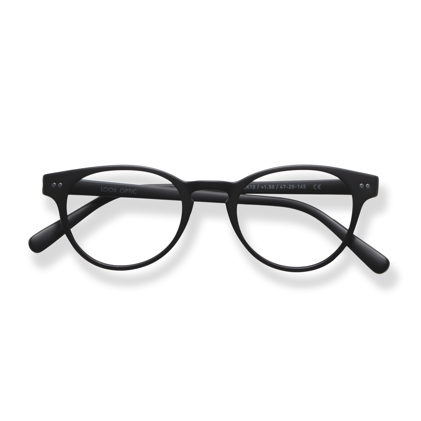 
Black round-frame reading glasses with a keyhole bridge and tapered temples.