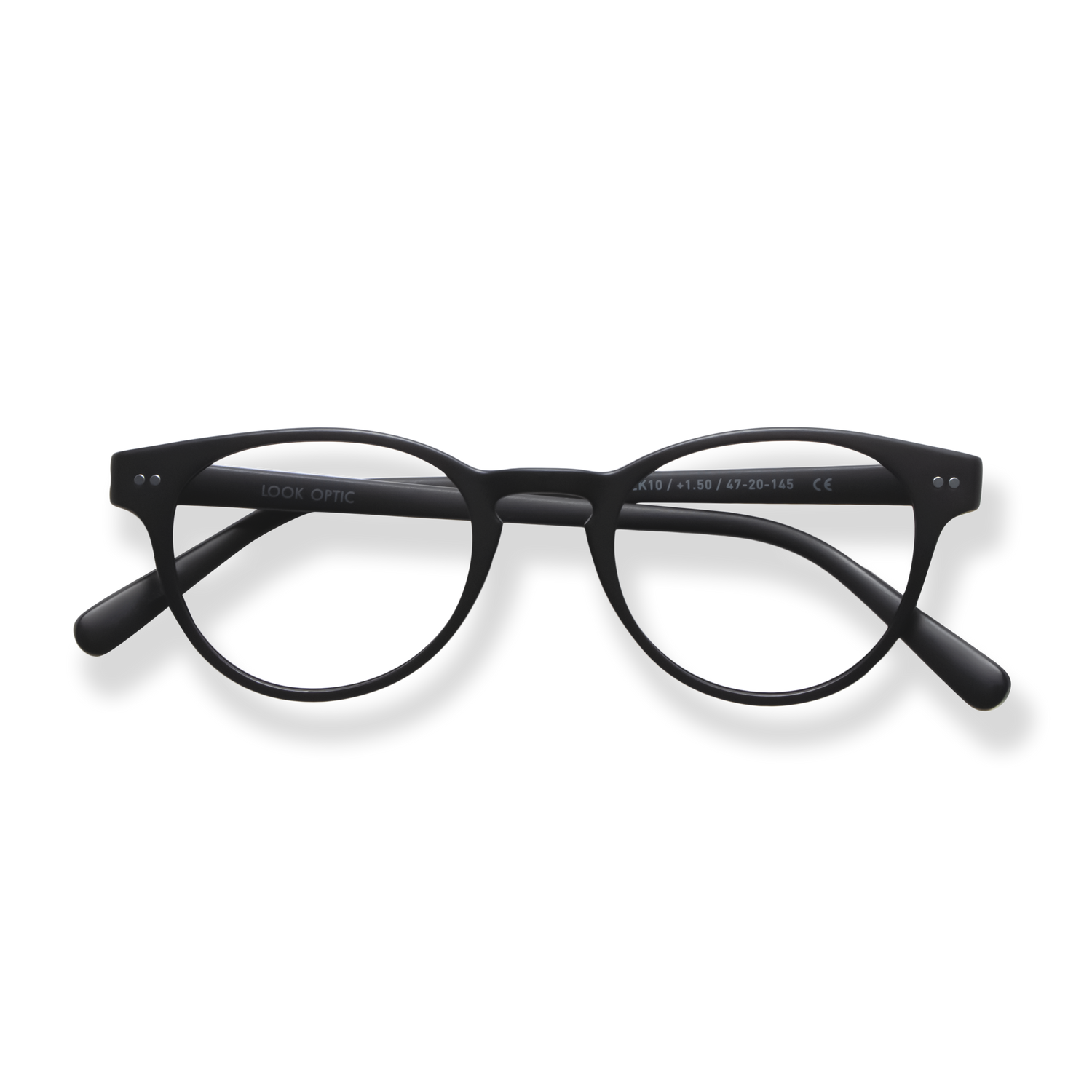 
Black round-frame reading glasses with a keyhole bridge and tapered temples.