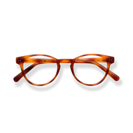 
Tortoiseshell cat-eye reading glasses with amber lenses and brown temples.