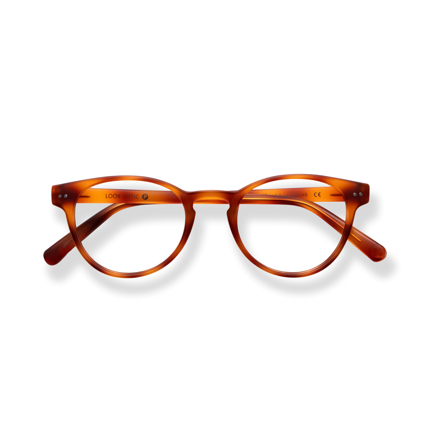 
Tortoiseshell cat-eye reading glasses with amber lenses and brown temples.