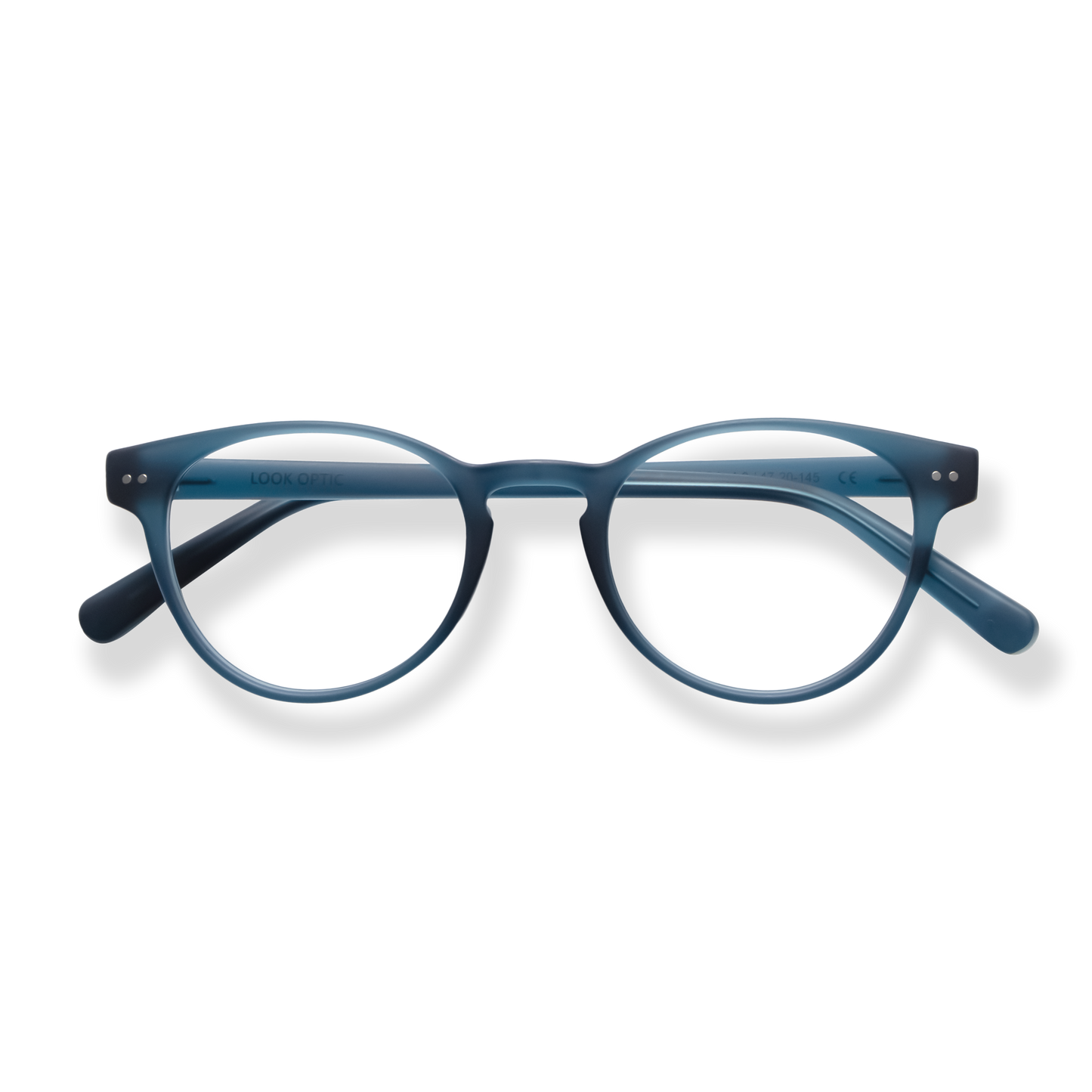 
Blue round-frame eyeglasses with clear lenses and matching temples.