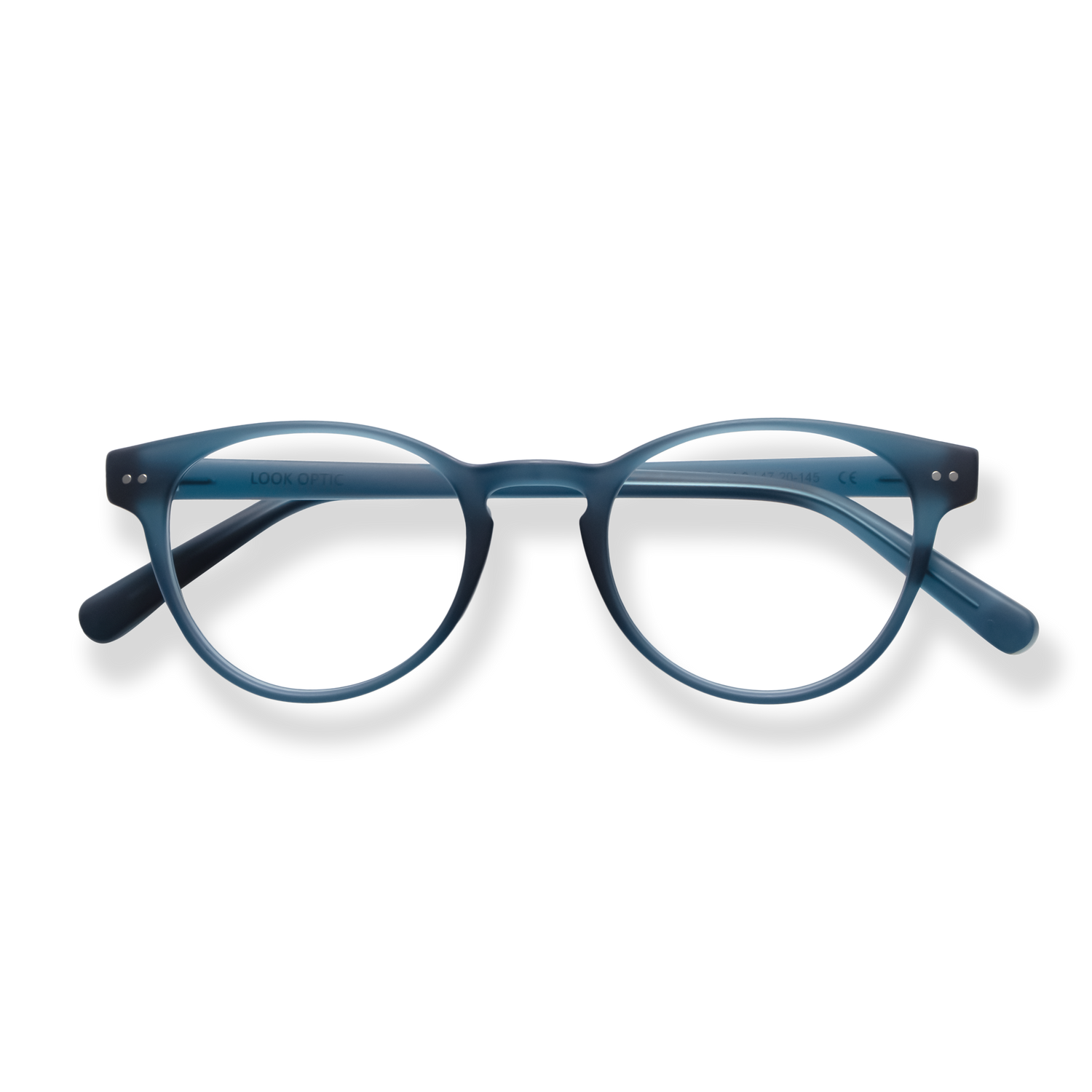 
Blue round-frame eyeglasses with clear lenses and matching temples.