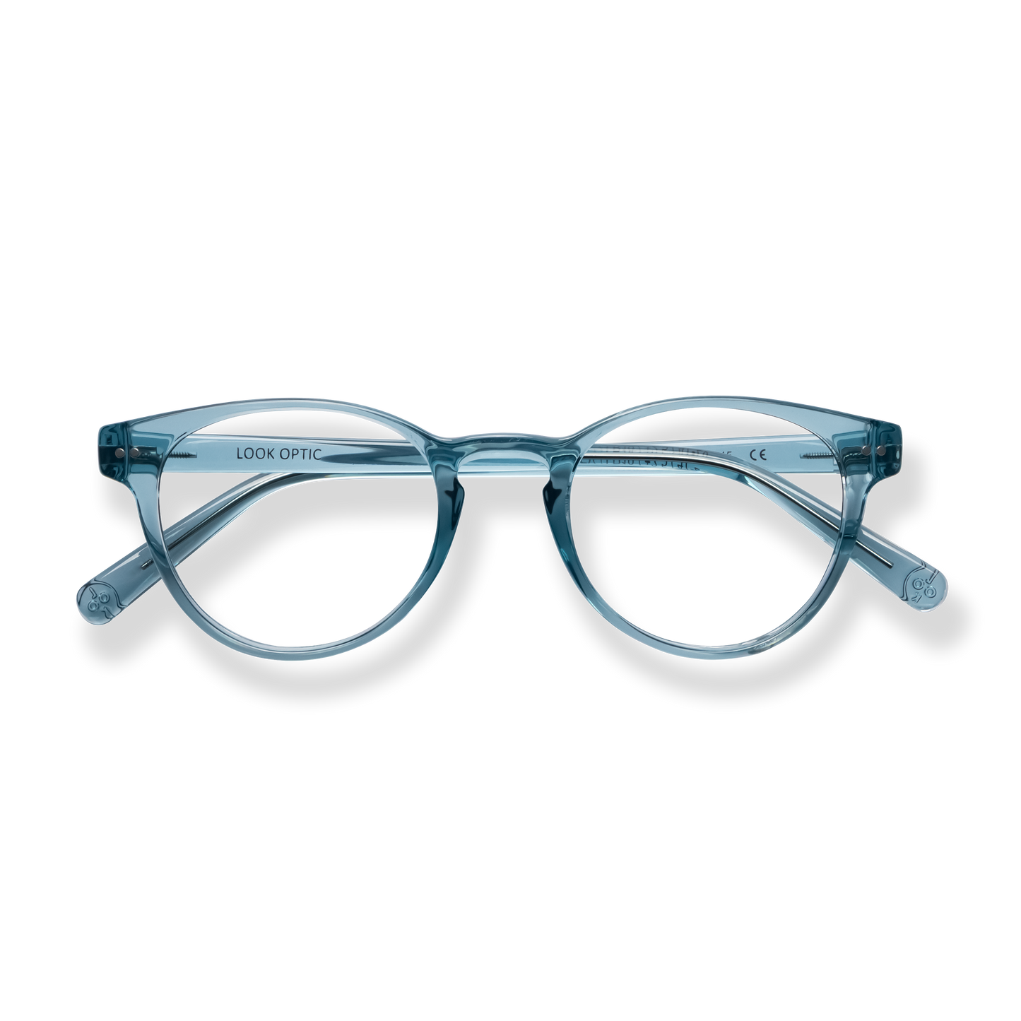 
Transparent blue cat-eye reading glasses with round lenses and silver temple accents.