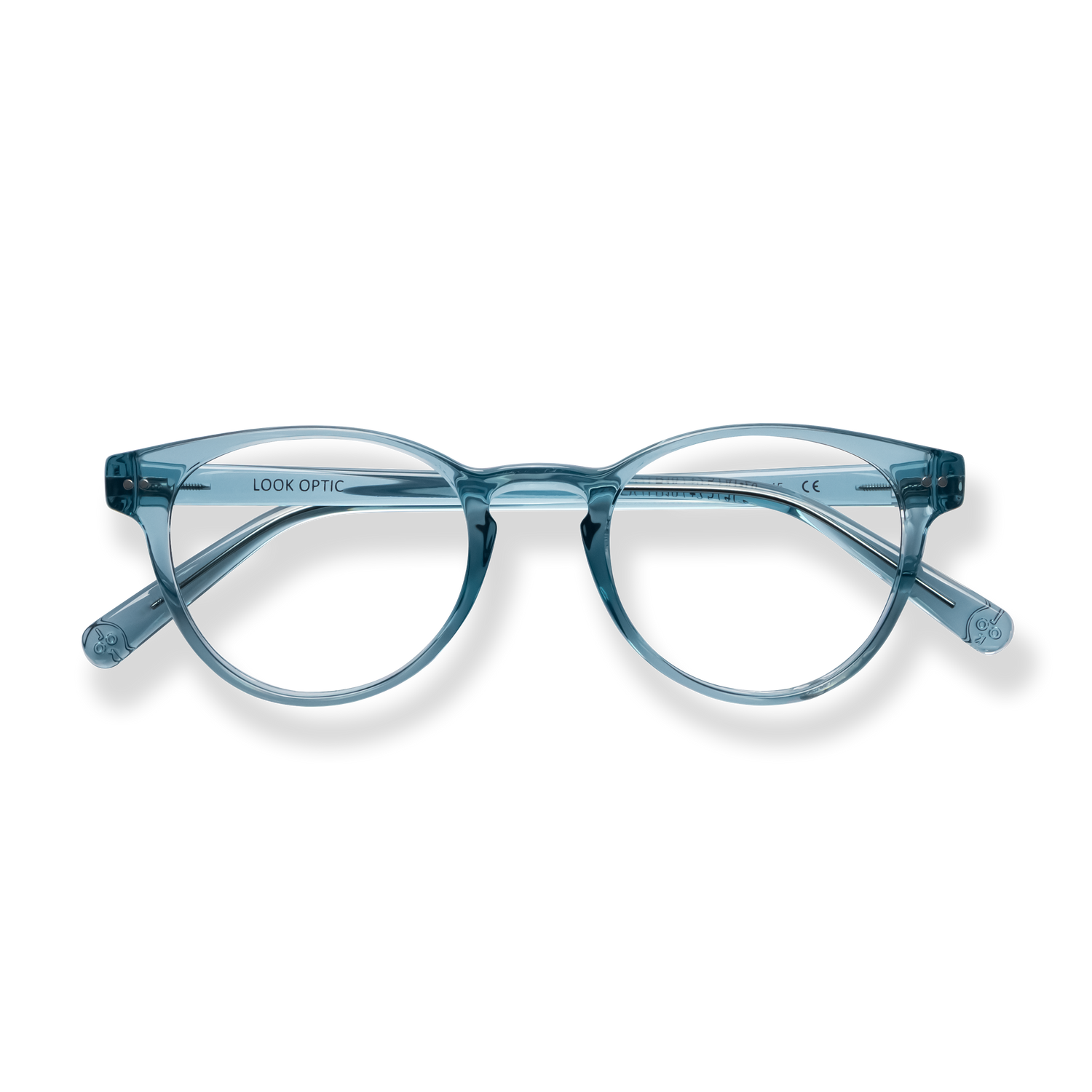 
Transparent blue cat-eye reading glasses with round lenses and silver temple accents.