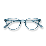 
Transparent blue cat-eye reading glasses with round lenses and silver temple accents.