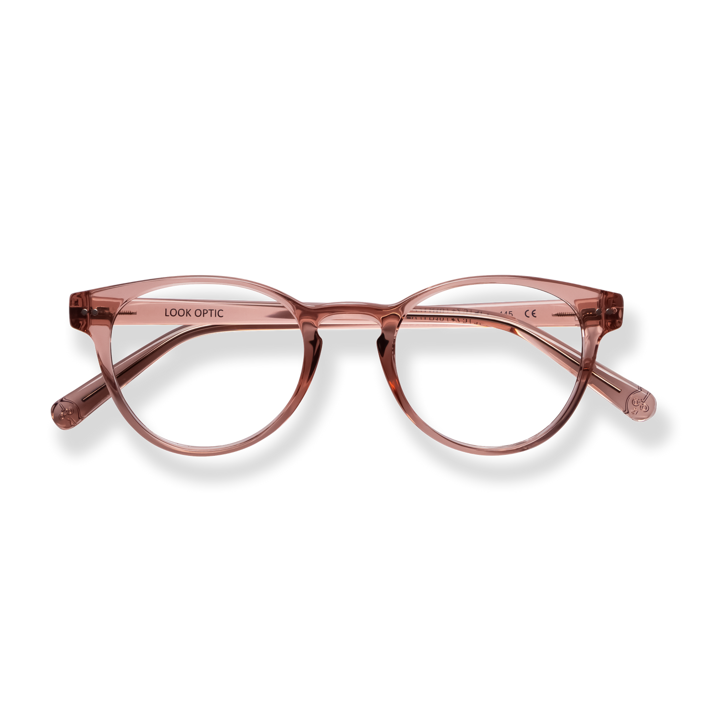 
Rose translucent cat-eye reading glasses with tortoiseshell temple accents.