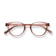 
Rose translucent cat-eye reading glasses with tortoiseshell temple accents.