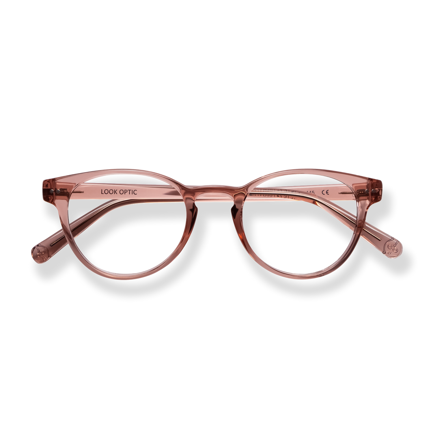 
Rose translucent cat-eye reading glasses with tortoiseshell temple accents.