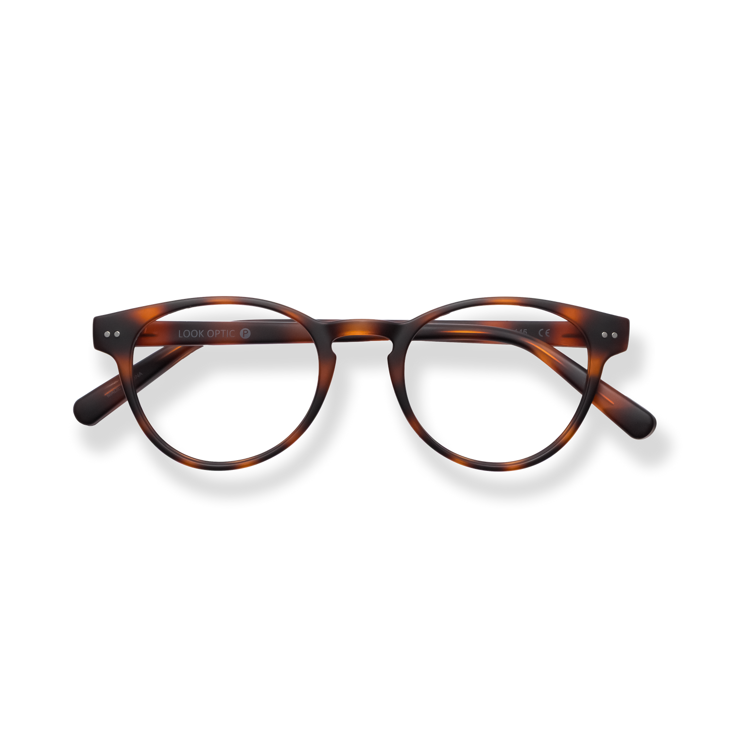 
Tortoiseshell round reading glasses with a dark bridge and glossy frames.