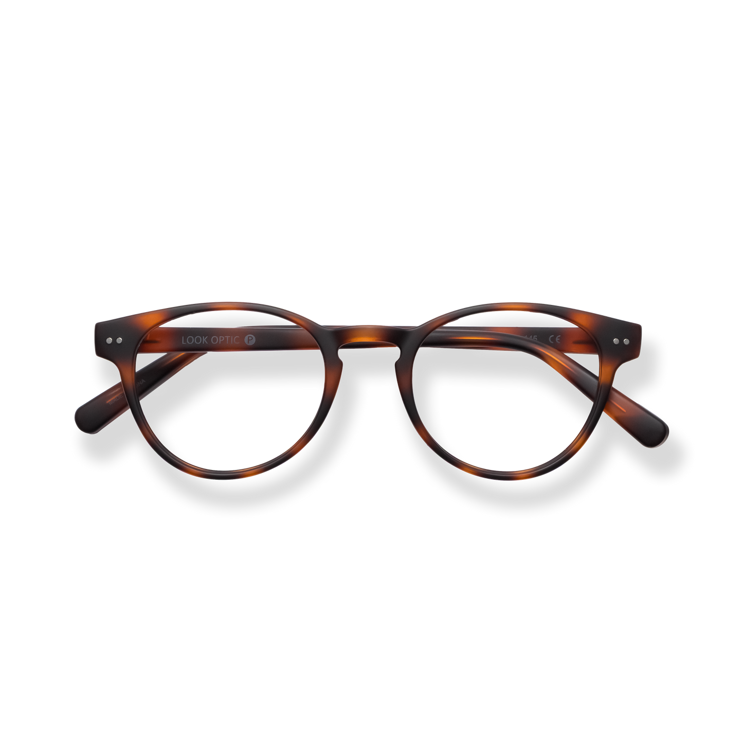 
Tortoiseshell round reading glasses with a dark bridge and glossy frames.