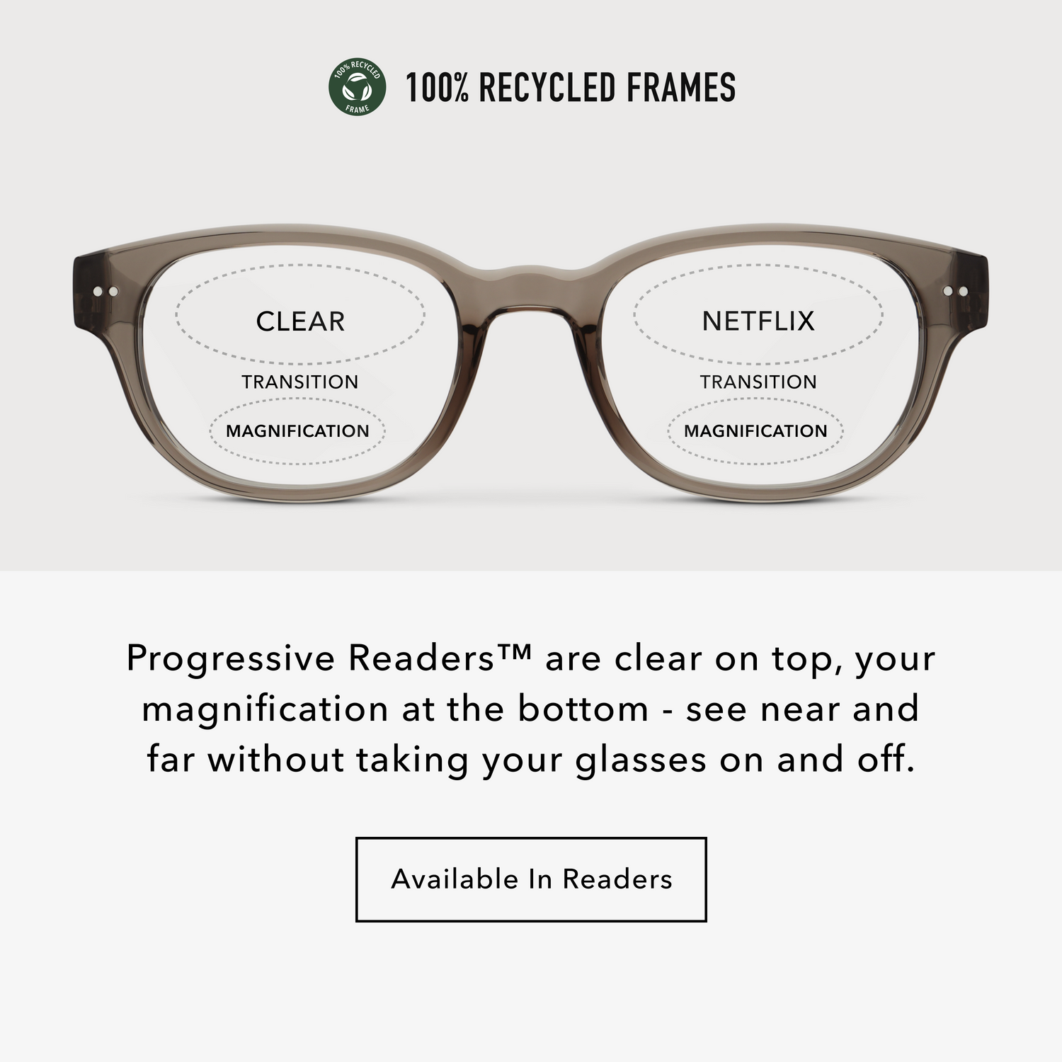 BO20PSSM10, BO20PSSM15, BO20PSSM20, BO20PSSM25, BO20PSSM30 - Rectangular glasses with shiny translucent smoke coloured frames and clear lenses.
