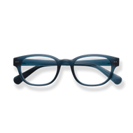 
Blue rectangular reading glasses with clear lenses and rounded temples.