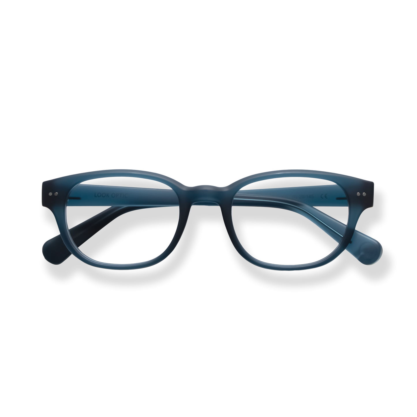 
Blue rectangular reading glasses with clear lenses and rounded temples.