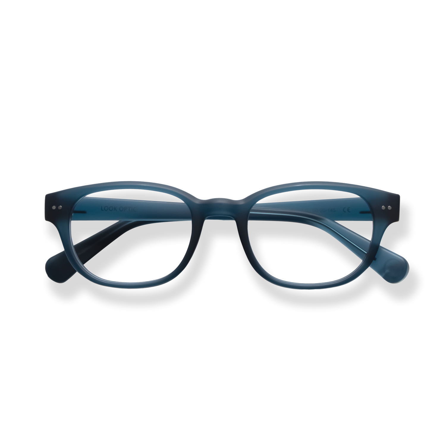 
Blue rectangular reading glasses with clear lenses and rounded temples.