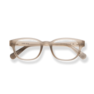 
Translucent beige rectangular reading glasses with rounded lenses and a keyhole bridge.