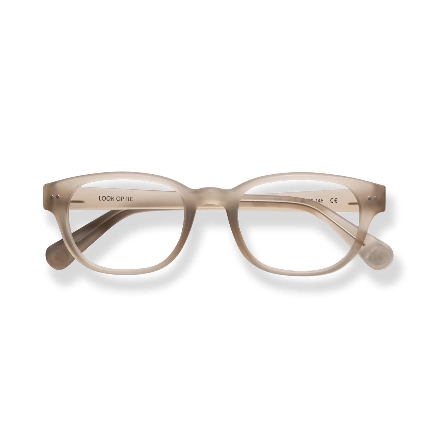 
Translucent beige rectangular reading glasses with rounded lenses and a keyhole bridge.
