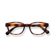 
Tortoiseshell rectangular reading glasses with amber lenses and dark gradient temples.