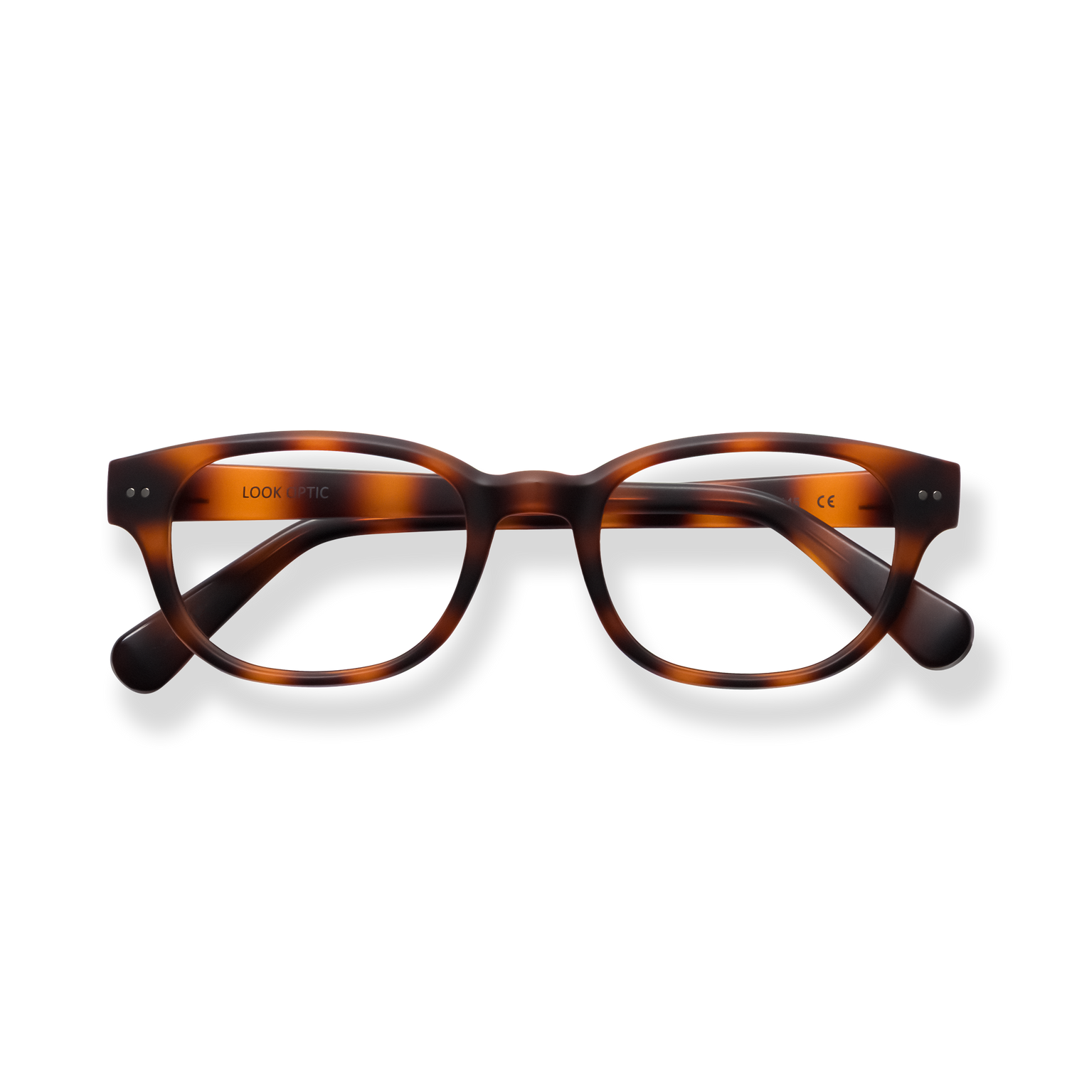 
Tortoiseshell rectangular reading glasses with amber lenses and dark gradient temples.