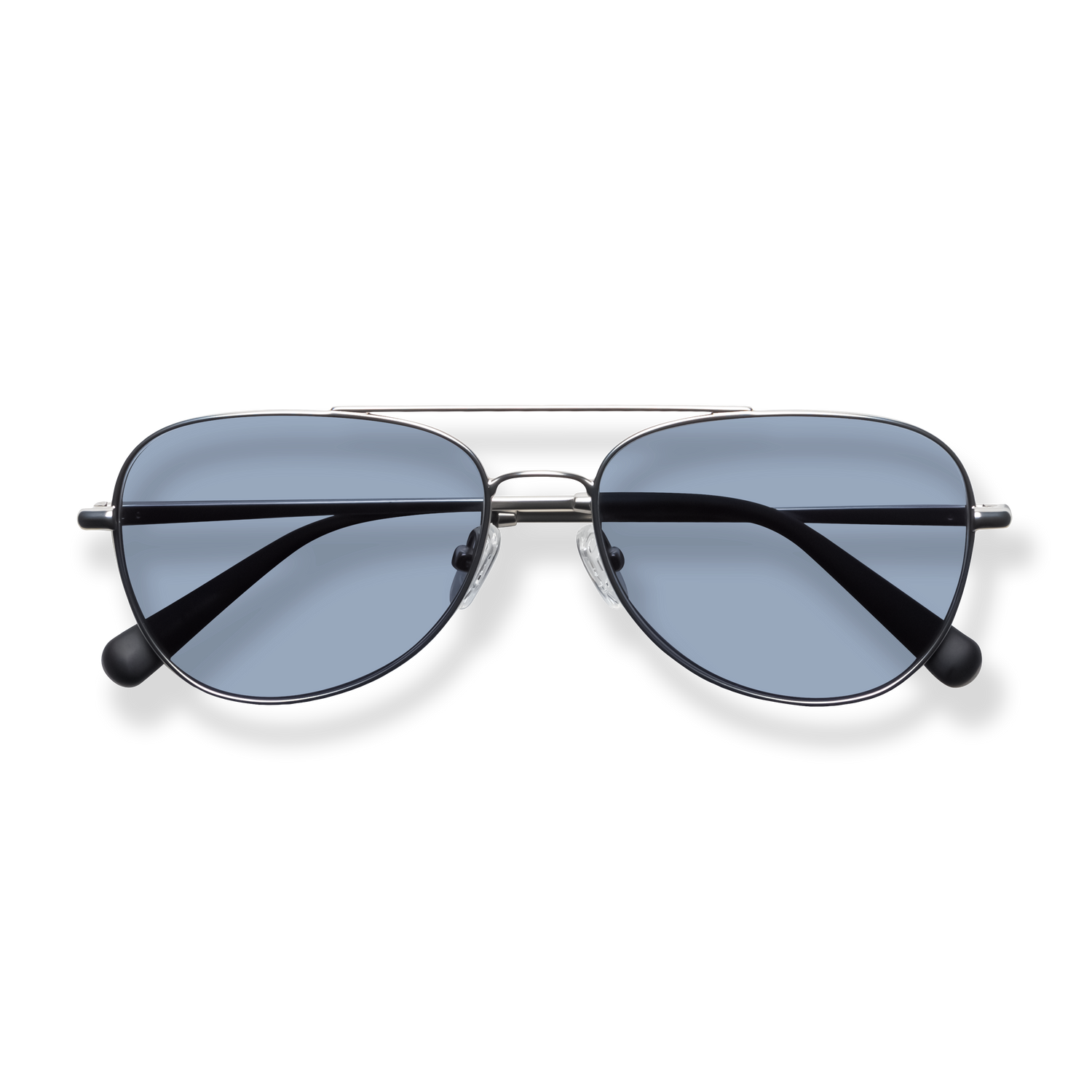 
Black aviator sunglasses with blue-gray lenses and a double bridge.