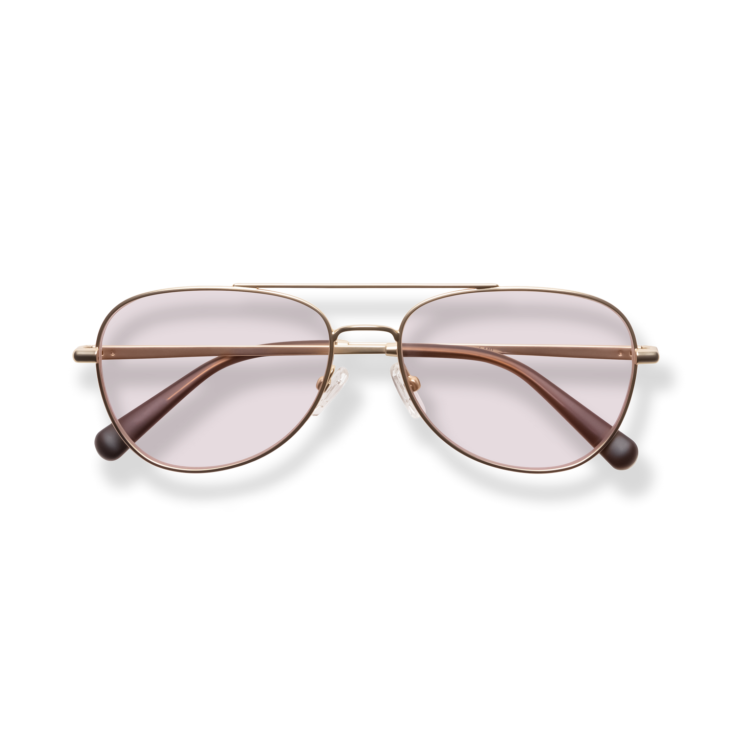 
Rose gold aviator glasses with pale purple lenses and brown temple arms.