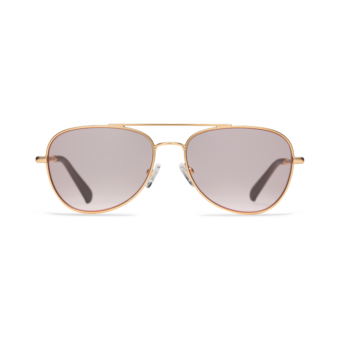 
Gold aviator frames with a pink tint and a shiny finish.
