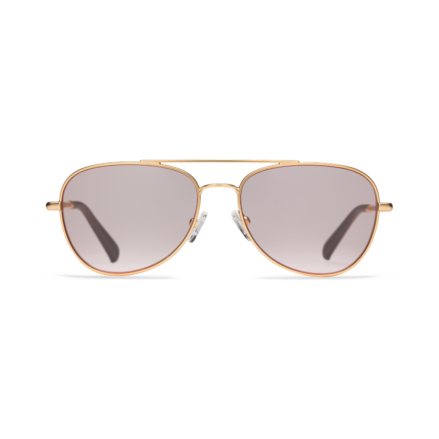 
Gold aviator frames with a pink tint and a shiny finish.