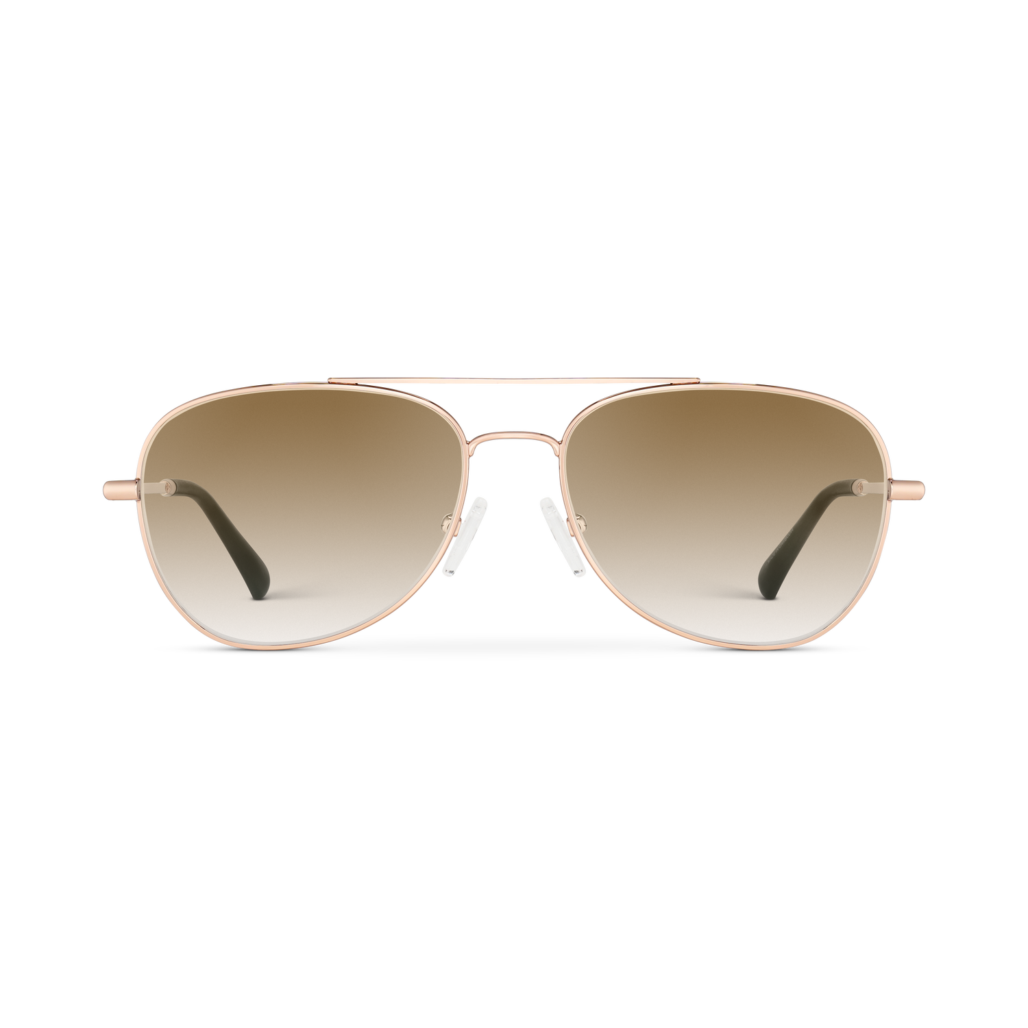 
Shiny rose gold aviator frames with brown gradient tinted lenses, shown from the front.