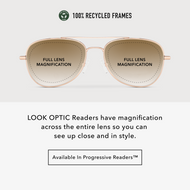 
Shiny rose gold aviator readers with brown gradient tinted lenses infographic: full-lens magnification and 100% recycled frames.