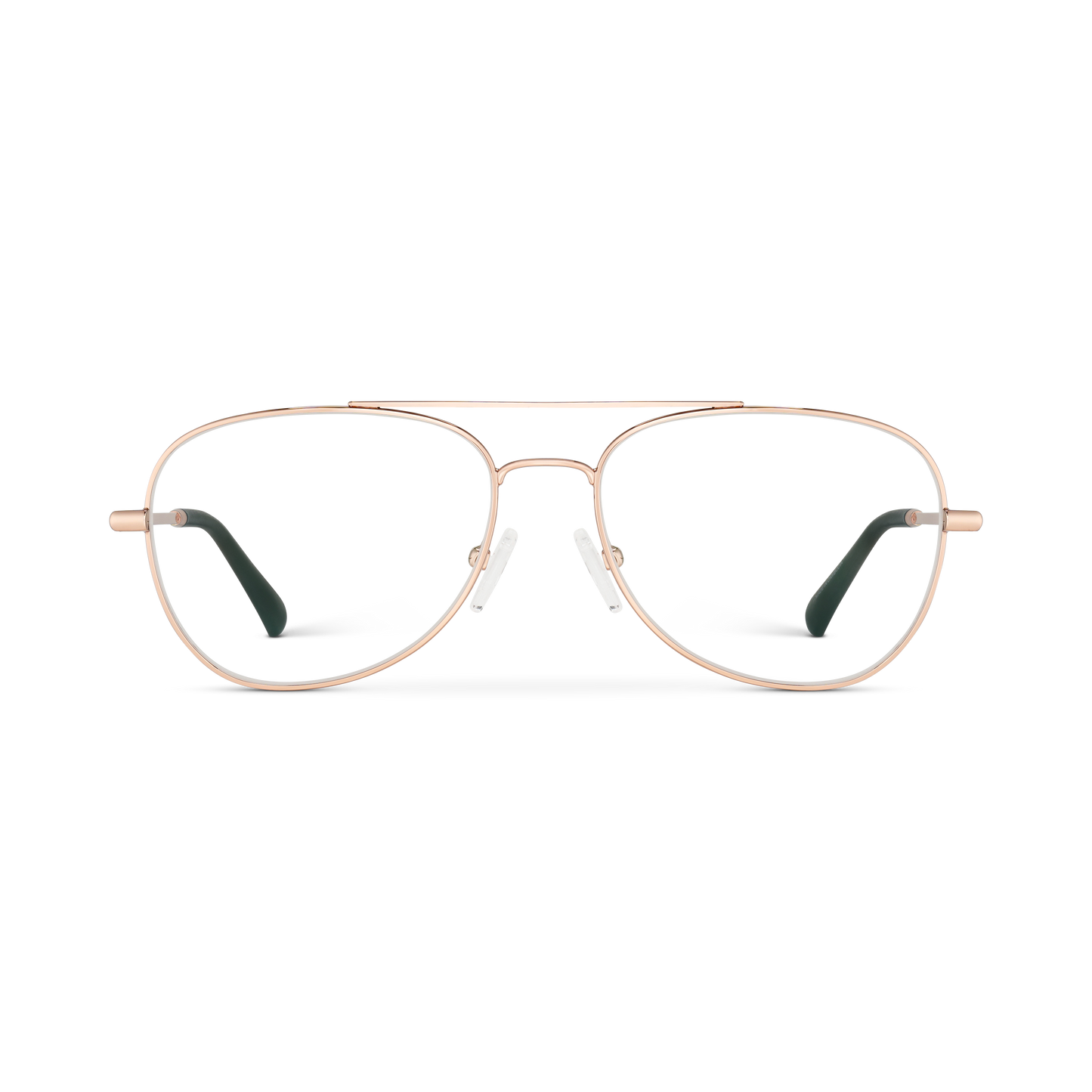 
Shiny rose gold aviator frames with clear lenses, shown from the front.