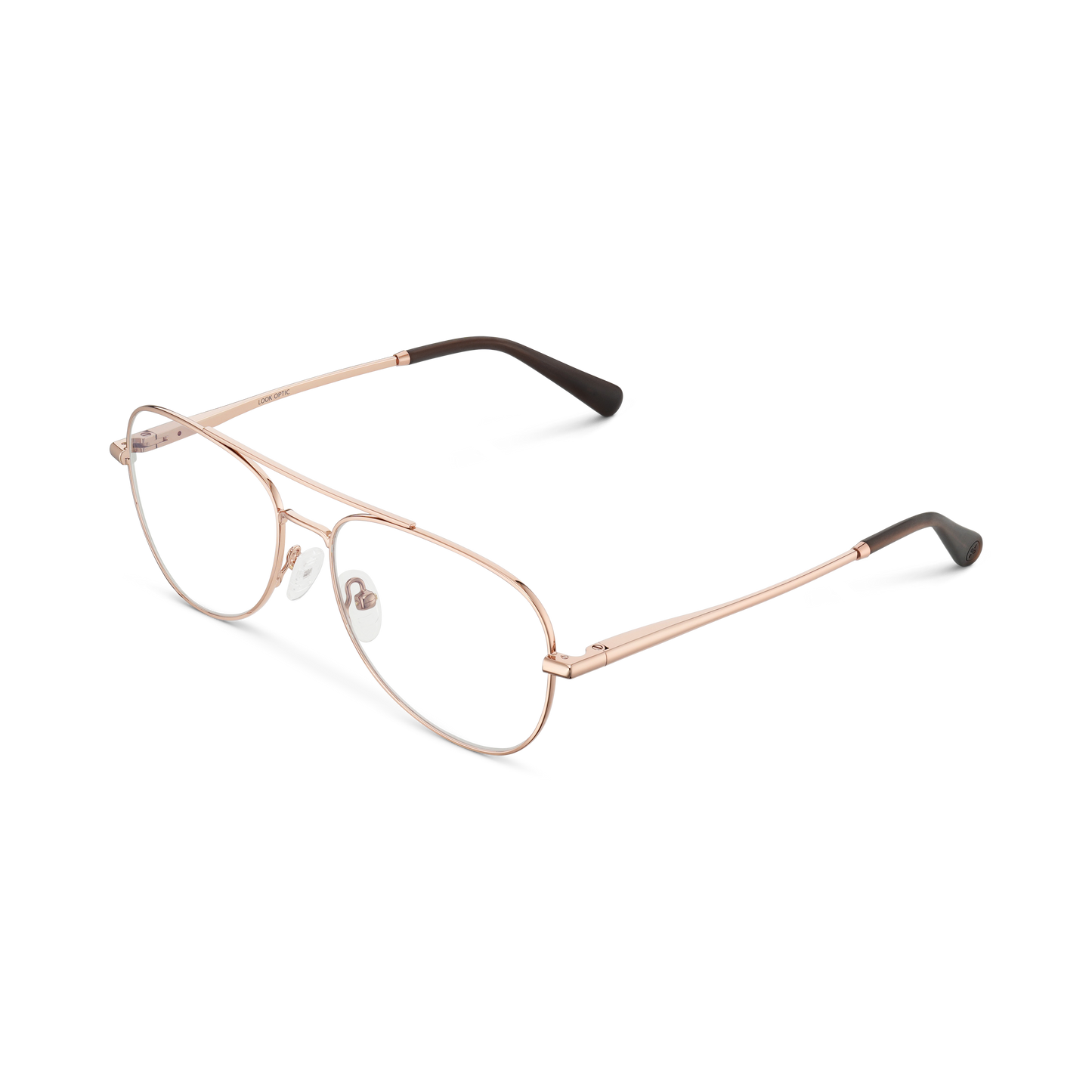 
Shiny rose gold aviator frames with clear lenses, shown from an angled side view.