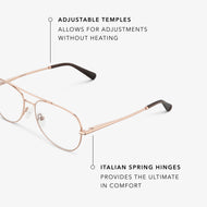 
Close-up of shiny rose gold aviator frames showing the adjustable temples and Italian spring hinges.
