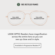 
Shiny rose gold aviator readers infographic: full-lens magnification and 100% recycled frames.