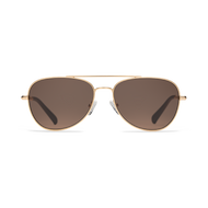 
Gold aviator sunglasses with a polished frame and dark brown tinted lenses.