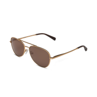 
Gold aviator sunglasses with a polished frame and brown tinted lenses.