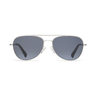
Silver aviator sunglasses with a polished frame and dark grey tinted lenses.