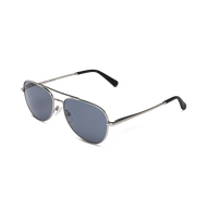 
Silver aviator sunglasses with a polished finish and blue gray tinted lenses.