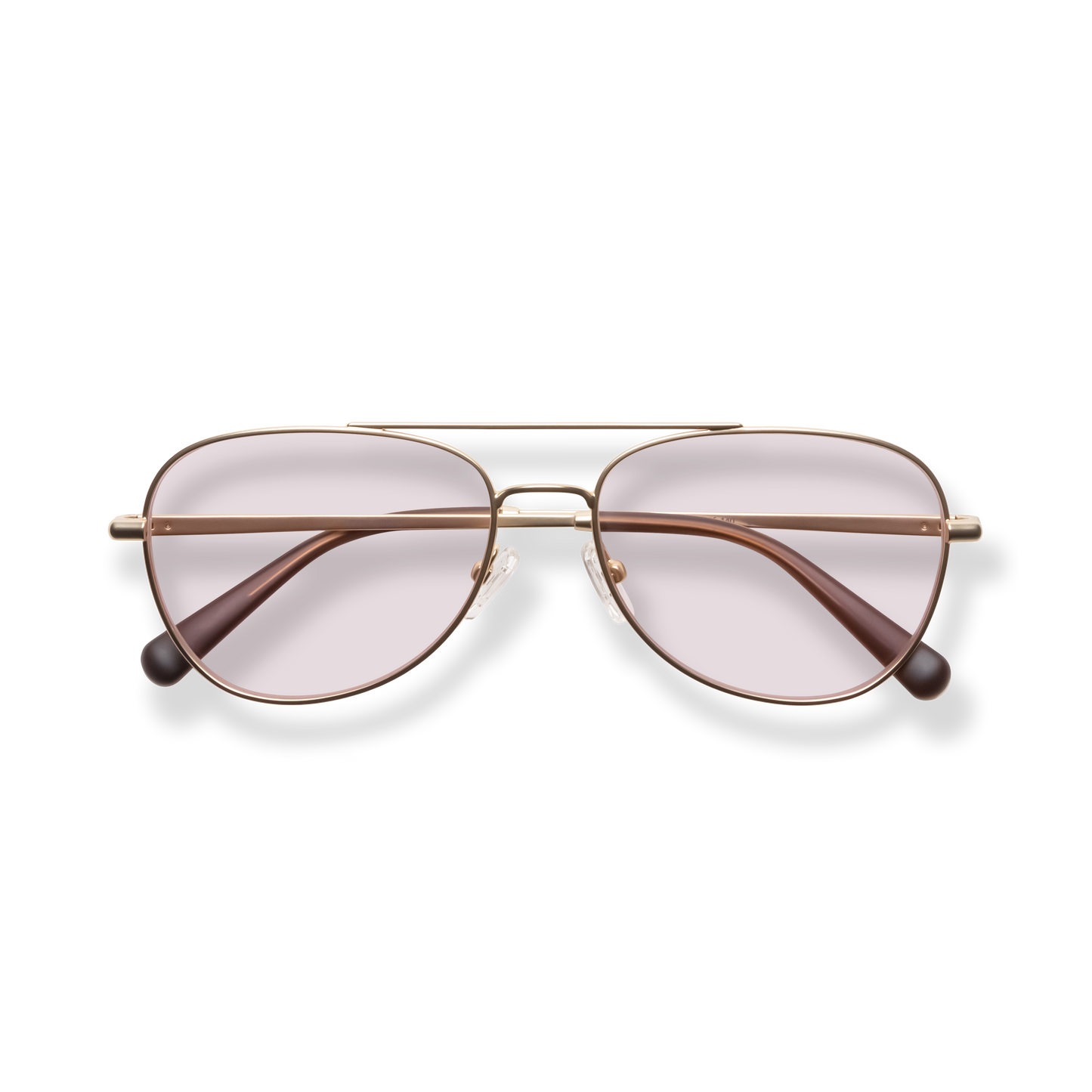 
Rose gold aviator glasses with pale pink lenses and tortoiseshell temple arms.