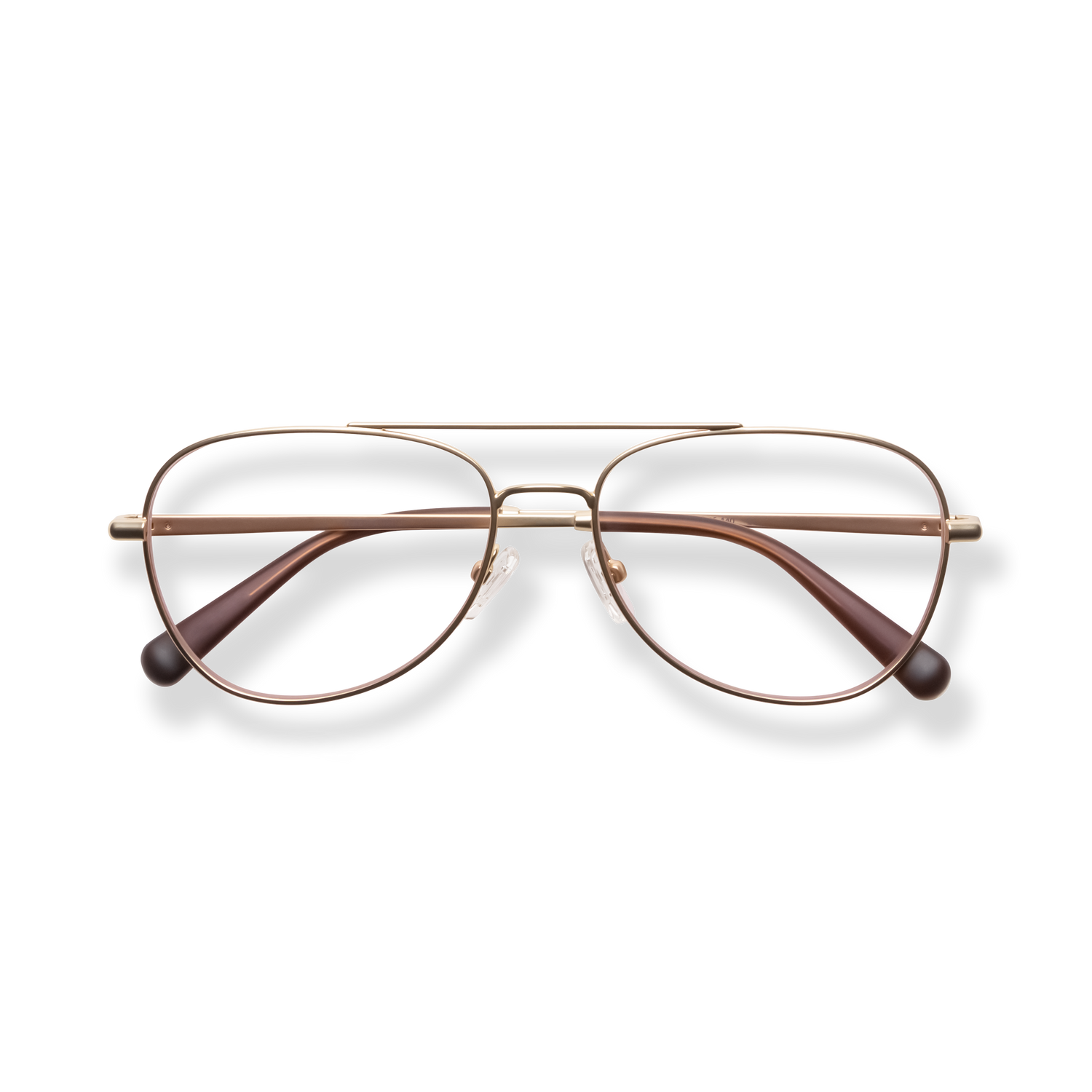 
Rose gold aviator glasses with brown temple arms and adjustable nose pads.