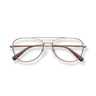 
Rose gold aviator glasses with brown temple arms and adjustable nose pads.