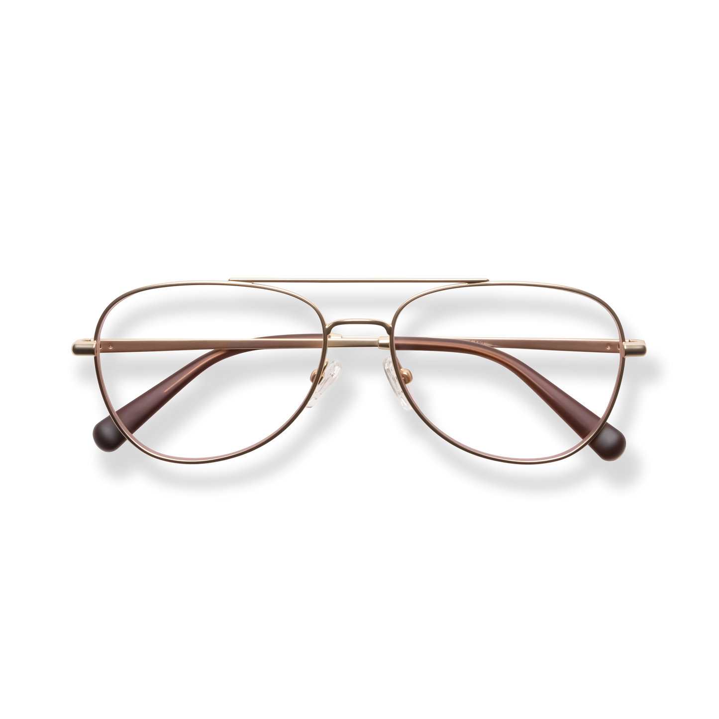 
Rose gold aviator glasses with brown temple arms and adjustable nose pads.
