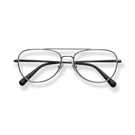 
Black aviator-style eyeglasses with silver metal frames and dark temple arms.