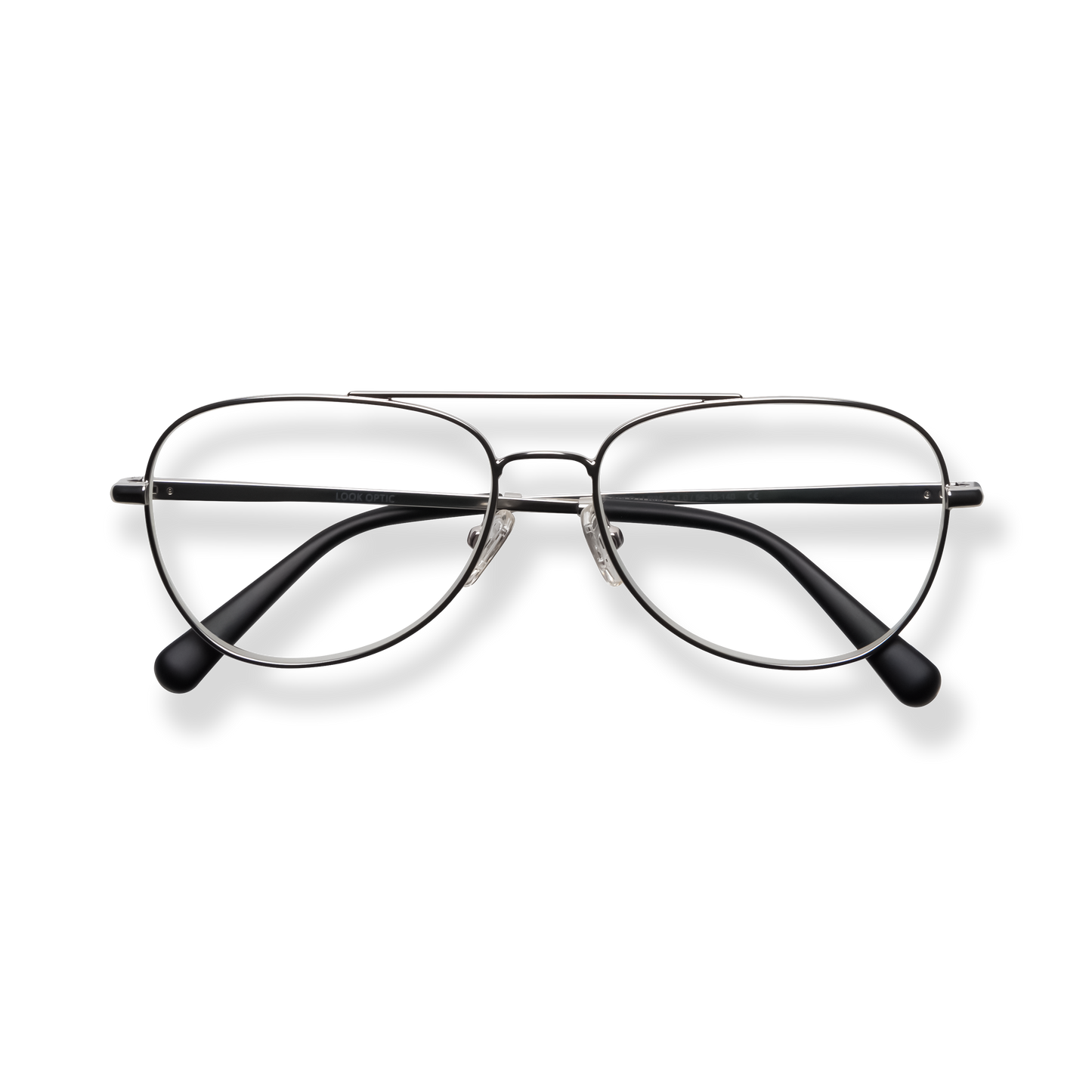 
Black aviator-style eyeglasses with silver metal frames and dark temple arms.