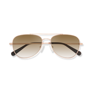 
Shiny rose gold aviator frames with brown gradient tinted lenses, folded and shown from above.