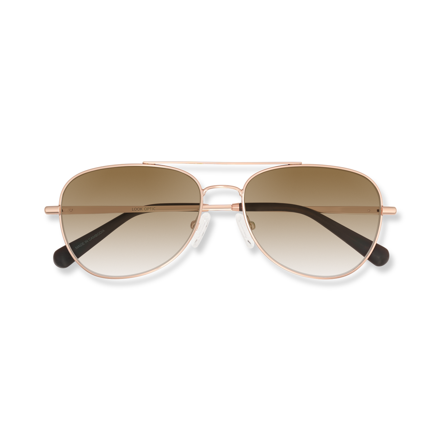 
Shiny rose gold aviator frames with brown gradient tinted lenses, folded and shown from above.