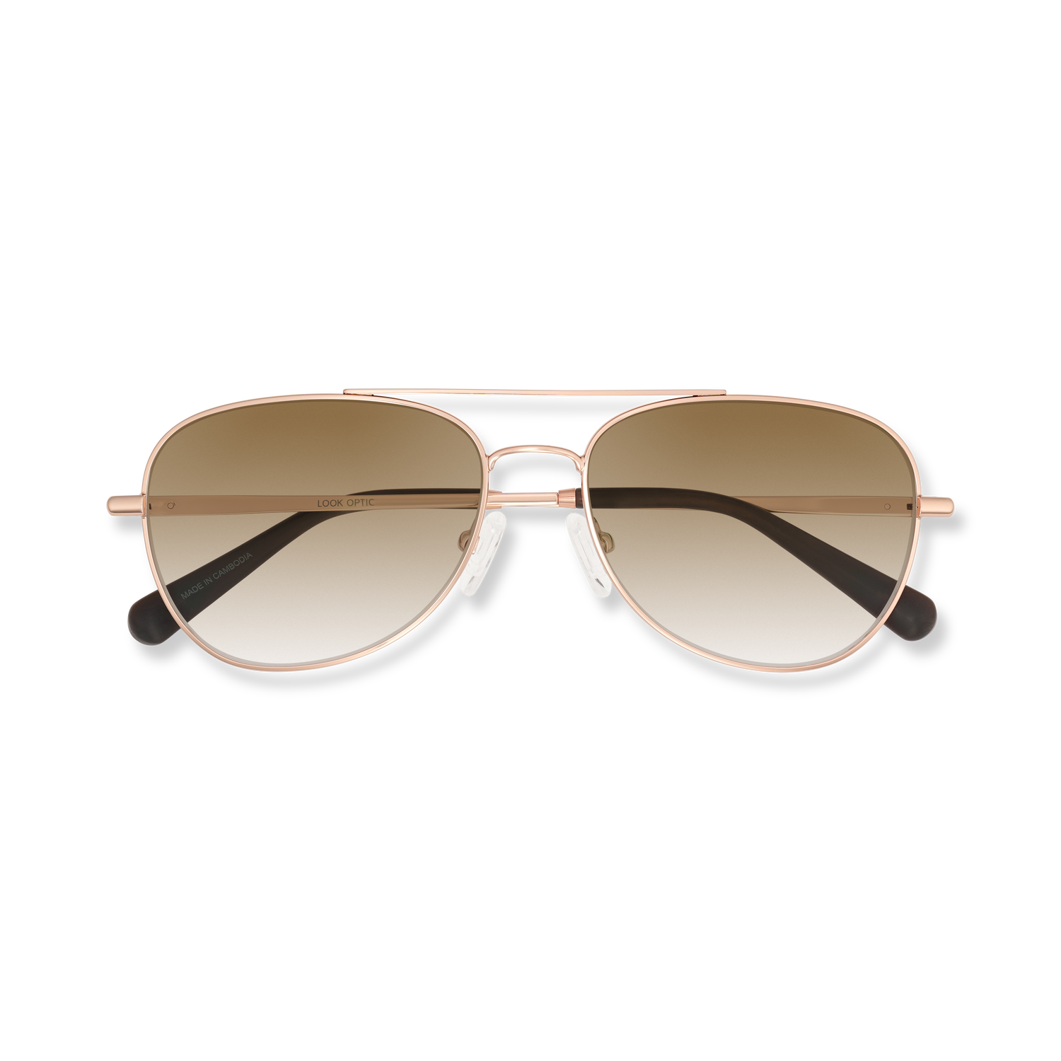 
Shiny rose gold aviator frames with brown gradient tinted lenses, folded and shown from above.