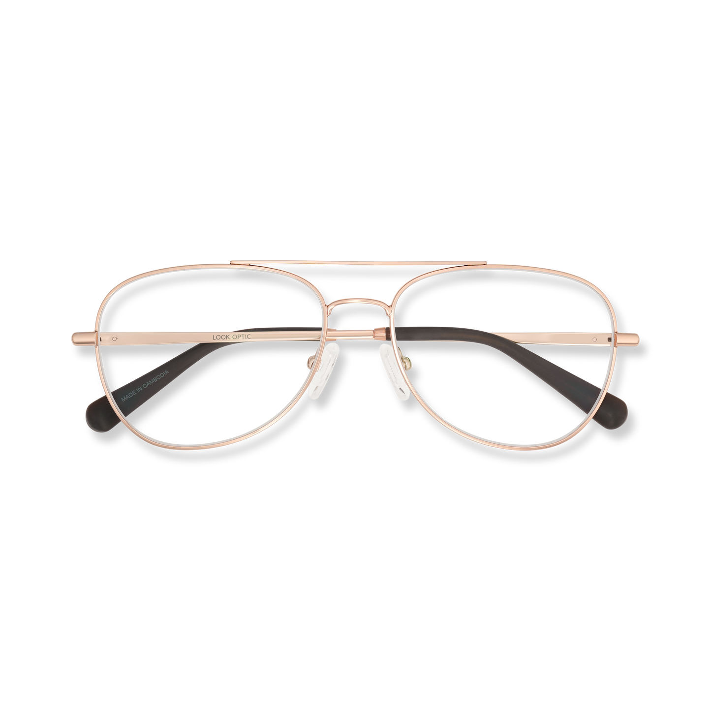 
Shiny rose gold aviator frames folded and shown from above.