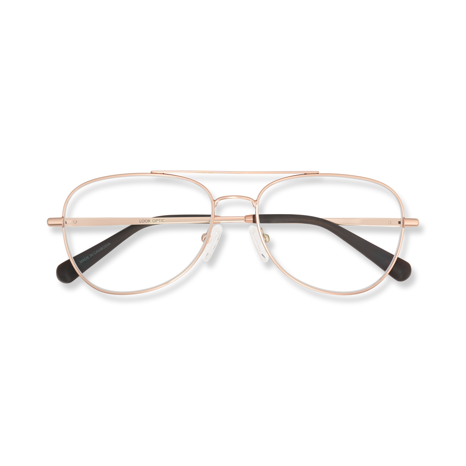 
Shiny rose gold aviator frames folded and shown from above.