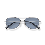 
Blue-tinted aviator sunglasses with a silver frame and double bridge.