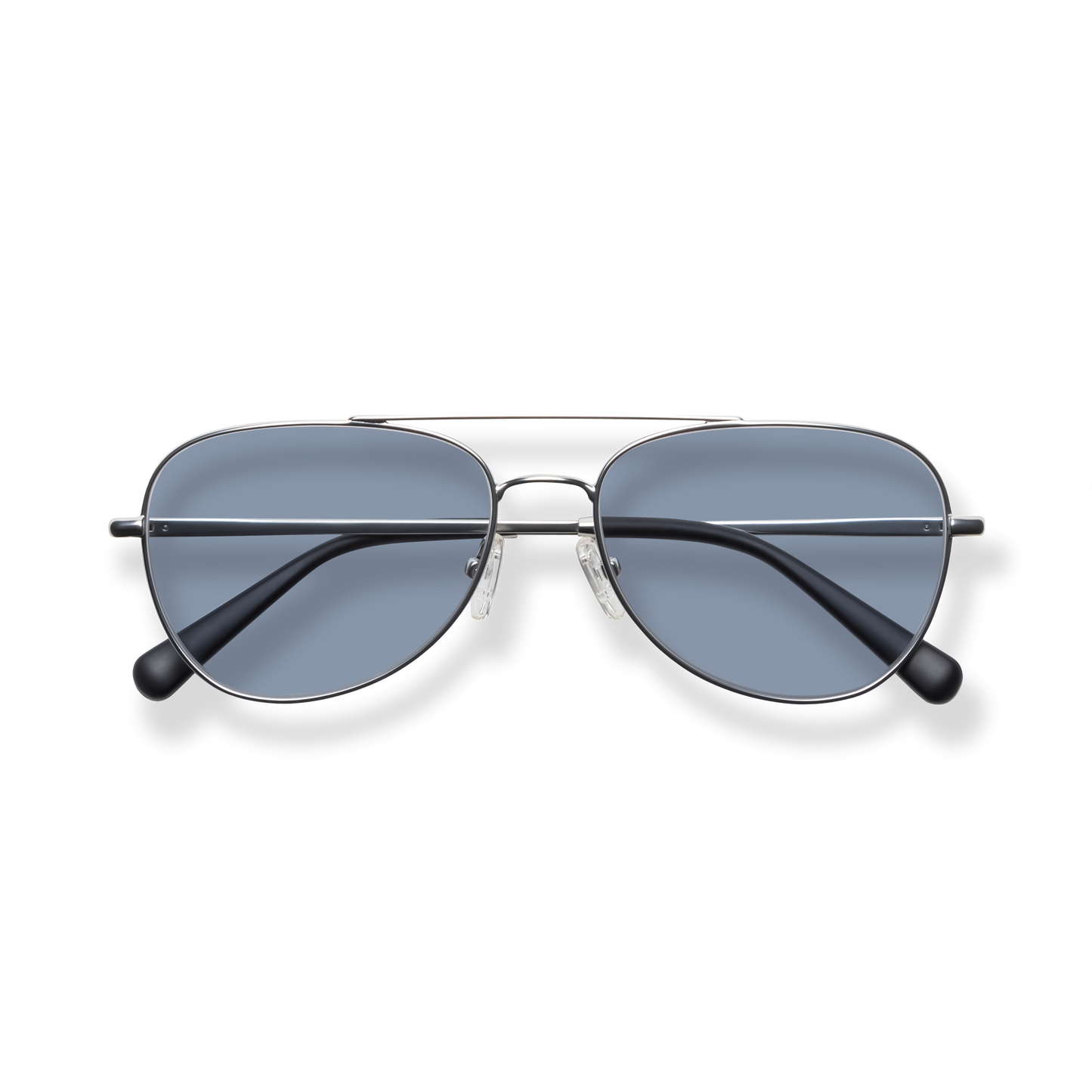 
Blue-tinted aviator sunglasses with a silver frame and double bridge.