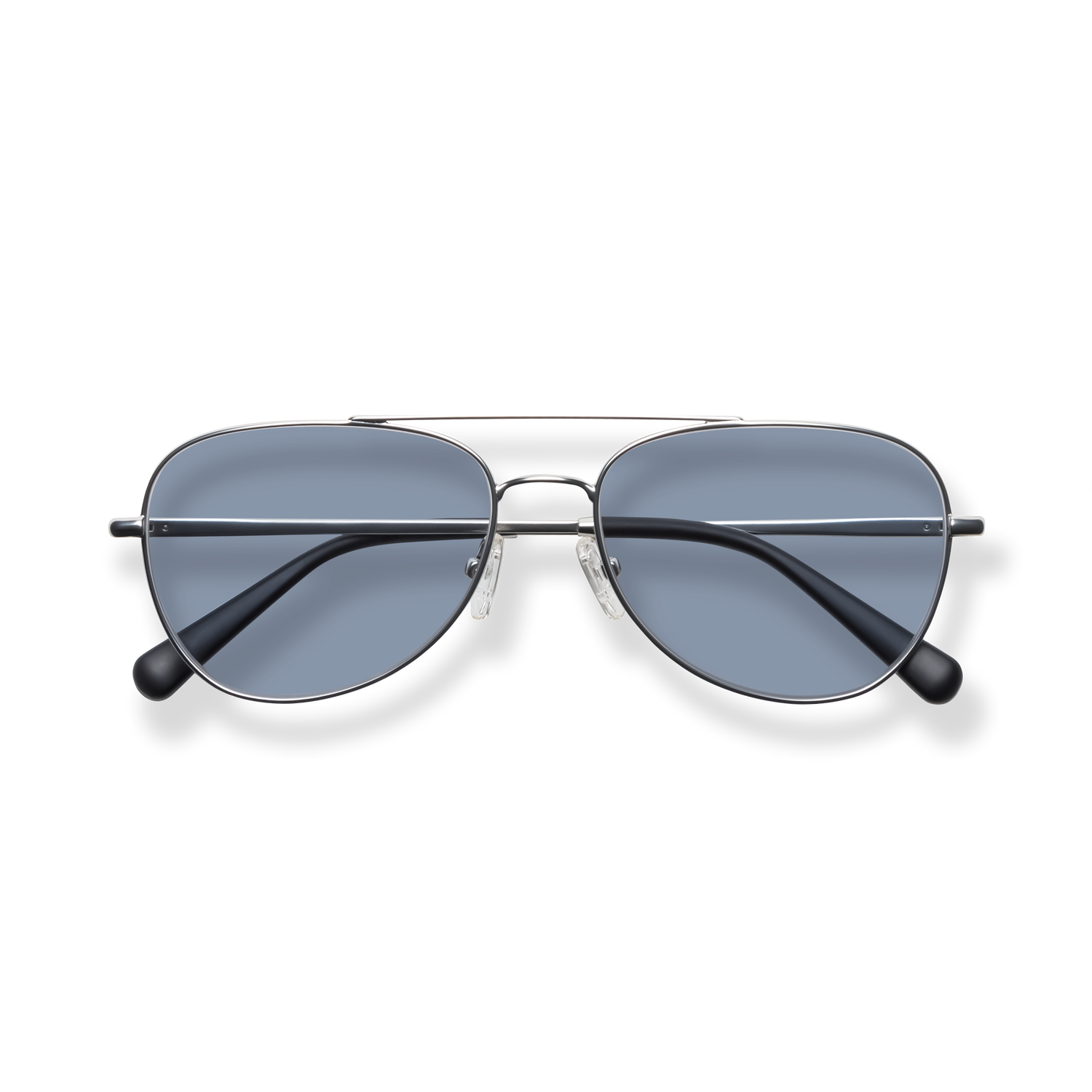 
Blue-tinted aviator sunglasses with a silver frame and double bridge.